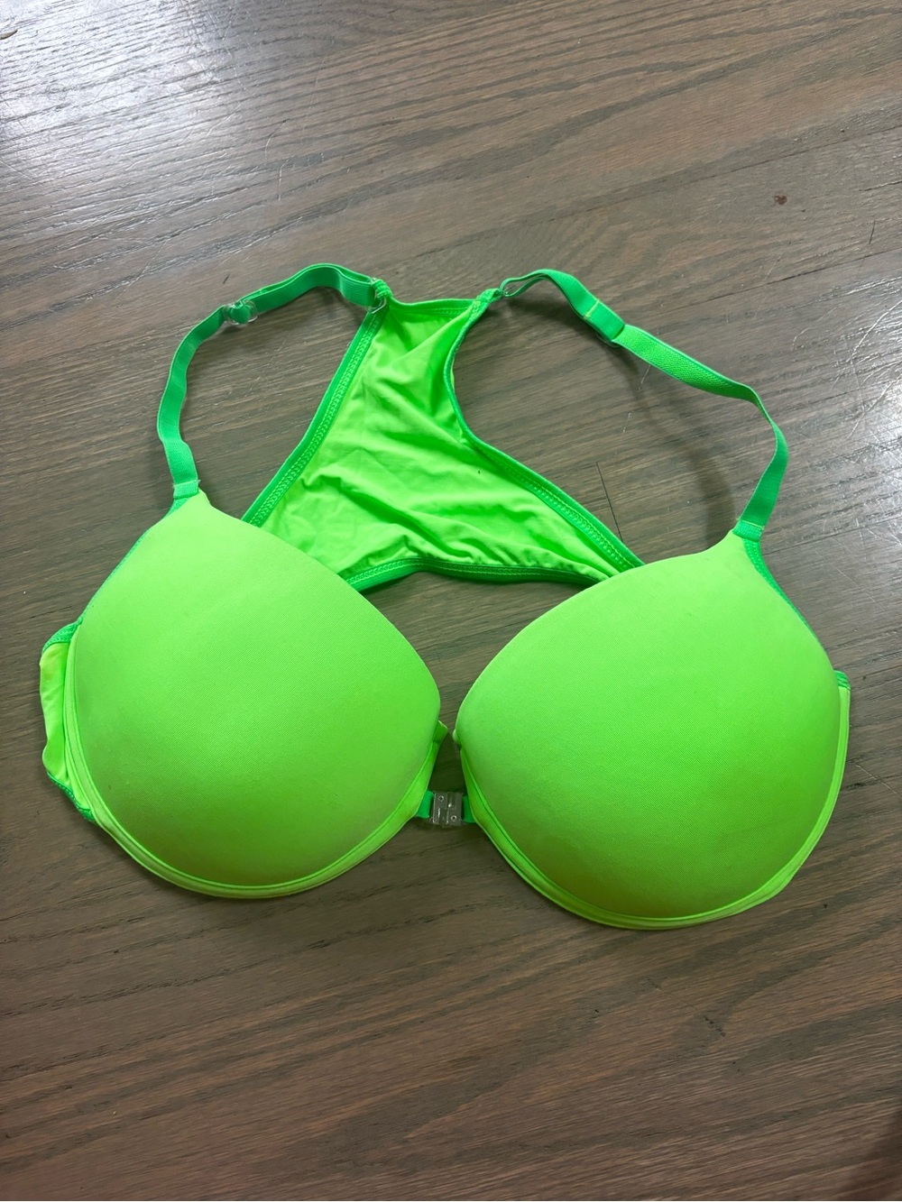 neon green front-close Brazilian push-up bra racerback strap 36D